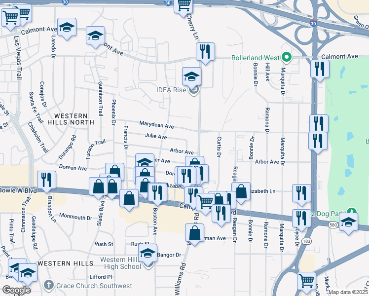 map of restaurants, bars, coffee shops, grocery stores, and more near 8001 Arbor Avenue in Fort Worth