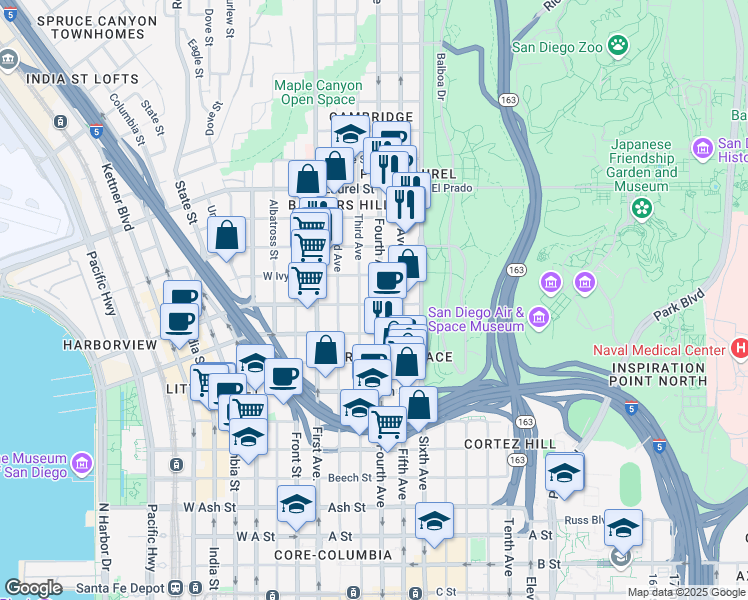 map of restaurants, bars, coffee shops, grocery stores, and more near 2072 Third Avenue in San Diego