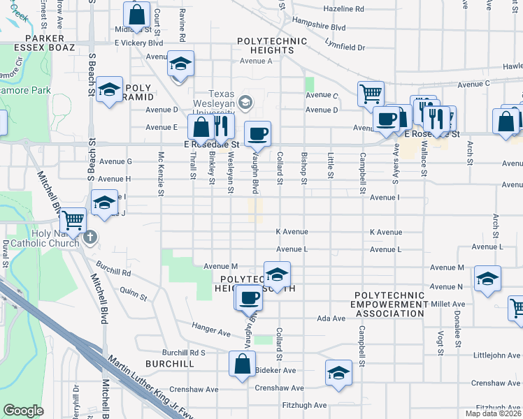 map of restaurants, bars, coffee shops, grocery stores, and more near 1801 Vaughn Boulevard in Fort Worth