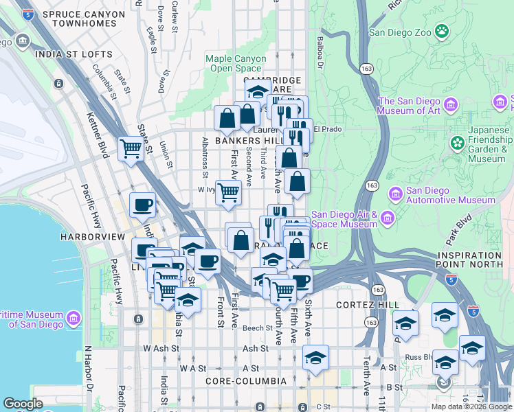map of restaurants, bars, coffee shops, grocery stores, and more near 2108 Third Avenue in San Diego