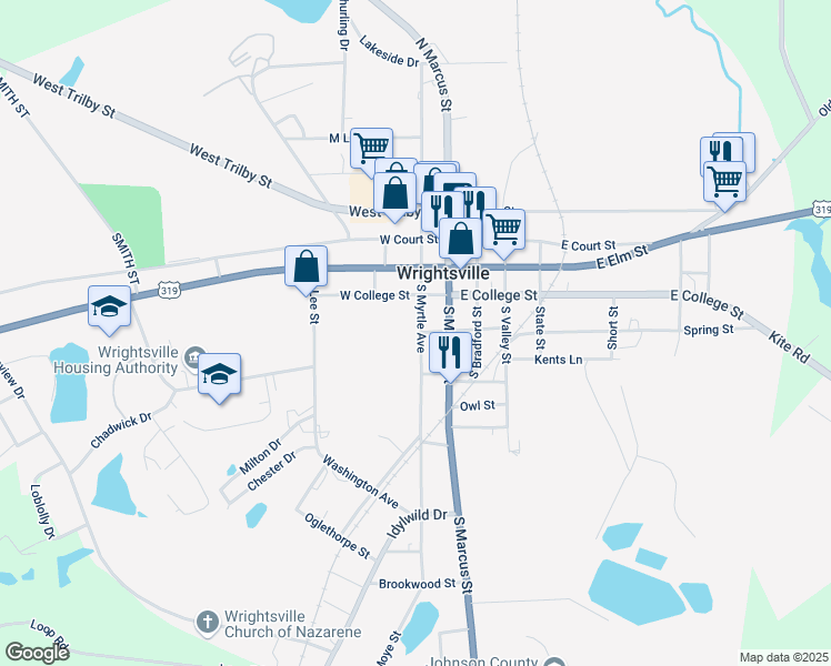 map of restaurants, bars, coffee shops, grocery stores, and more near 277 South Myrtle Avenue in Wrightsville