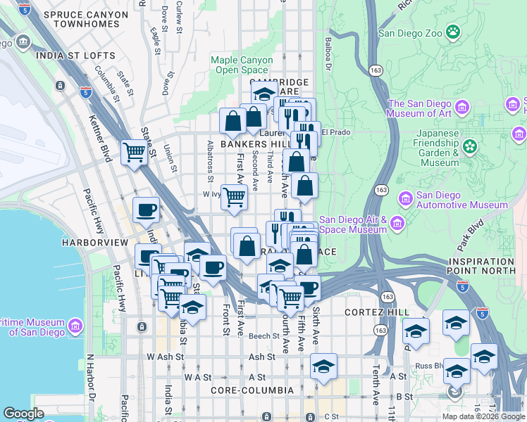 map of restaurants, bars, coffee shops, grocery stores, and more near 2108 Third Avenue in San Diego
