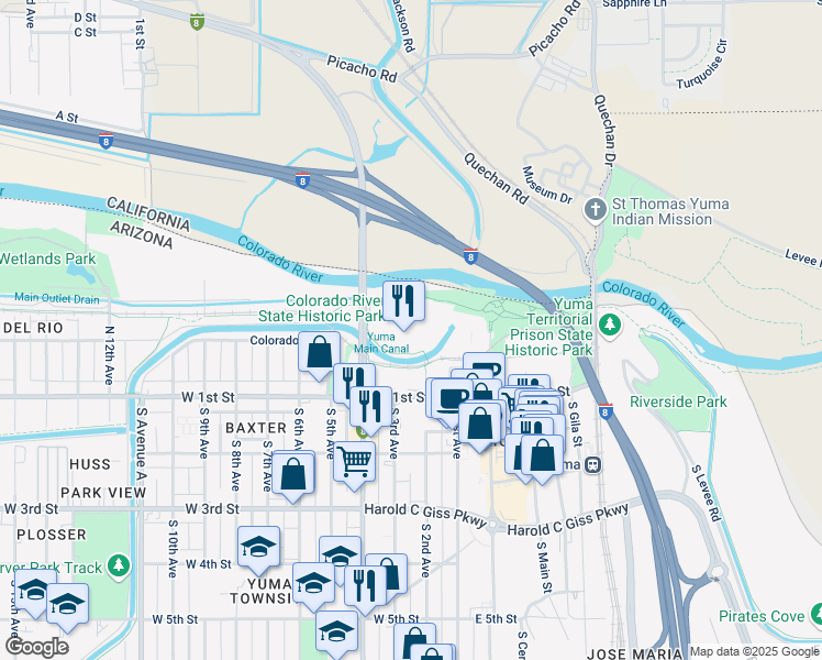 map of restaurants, bars, coffee shops, grocery stores, and more near 201 North 4th Avenue in Yuma