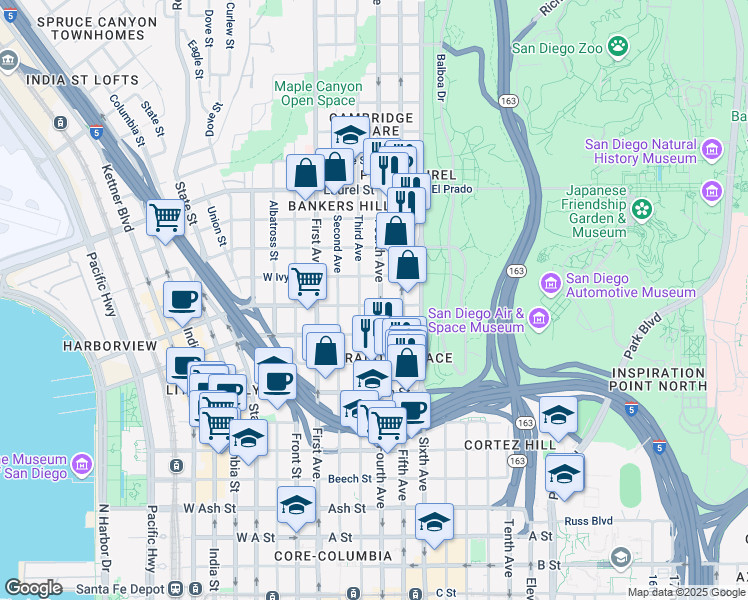 map of restaurants, bars, coffee shops, grocery stores, and more near 2100 Fourth Avenue in San Diego