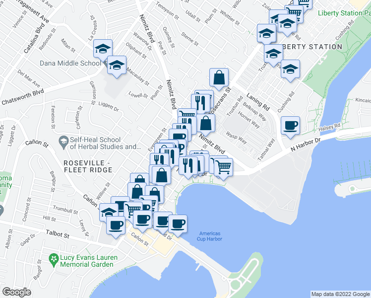 map of restaurants, bars, coffee shops, grocery stores, and more near Rosecrans St & Jarvis St in San Diego