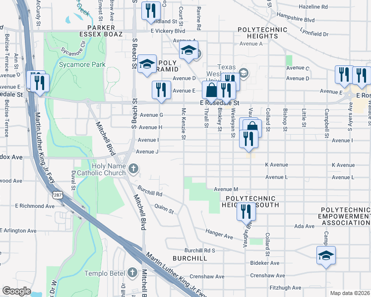 map of restaurants, bars, coffee shops, grocery stores, and more near 2740 Avenue J in Fort Worth