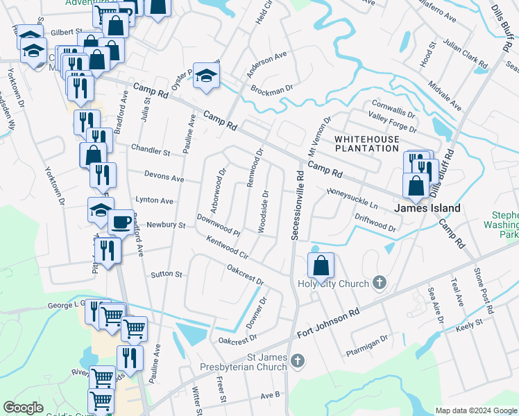 map of restaurants, bars, coffee shops, grocery stores, and more near 1069 Woodside Drive in Charleston