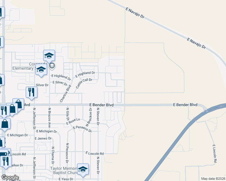 map of restaurants, bars, coffee shops, grocery stores, and more near 2036 East Arbors Avenue in Hobbs
