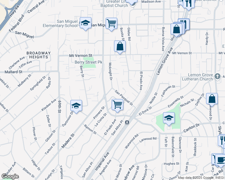 map of restaurants, bars, coffee shops, grocery stores, and more near 2049 Madera Street in Lemon Grove