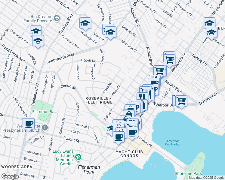 map of restaurants, bars, coffee shops, grocery stores, and more near 3415 Fenelon Street in San Diego