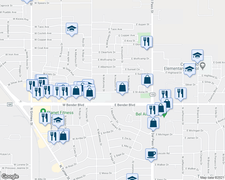 map of restaurants, bars, coffee shops, grocery stores, and more near 300 East Street Anne Place in Hobbs