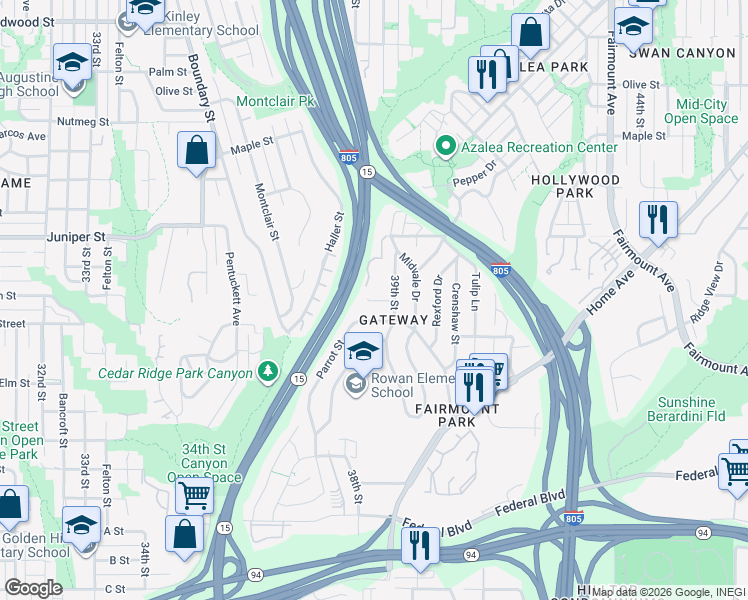 map of restaurants, bars, coffee shops, grocery stores, and more near 3867 Westgate Place in San Diego