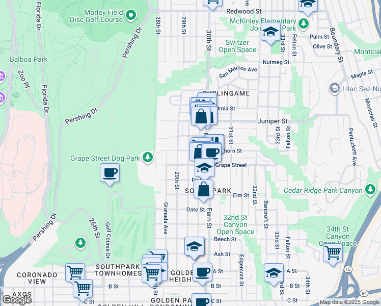 map of restaurants, bars, coffee shops, grocery stores, and more near 2014 30th Street in San Diego