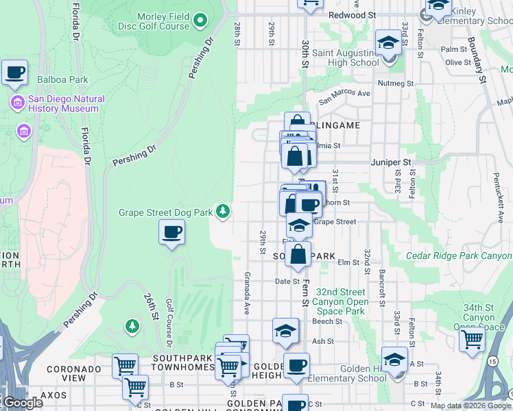 map of restaurants, bars, coffee shops, grocery stores, and more near 2013 29th Street in San Diego