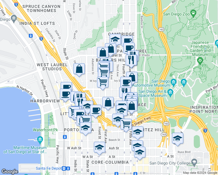map of restaurants, bars, coffee shops, grocery stores, and more near in San Diego