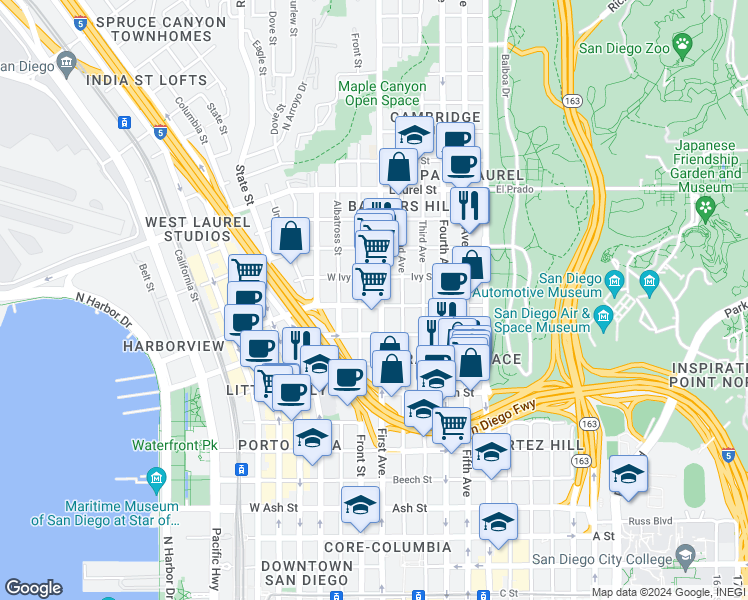map of restaurants, bars, coffee shops, grocery stores, and more near 117 Hawthorn Street in San Diego