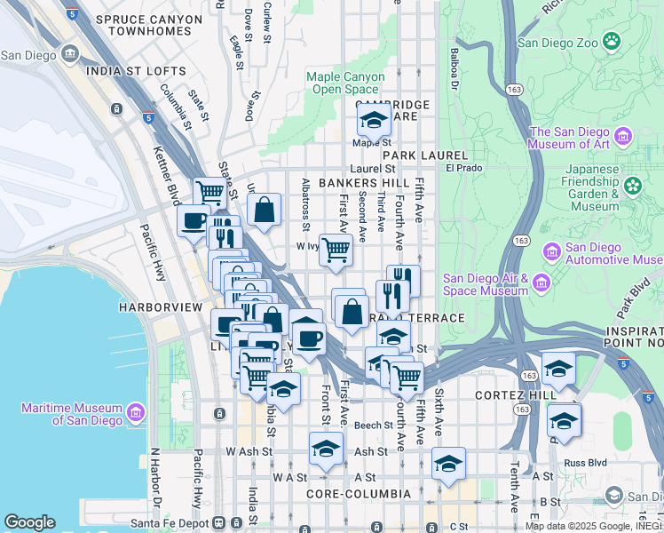 map of restaurants, bars, coffee shops, grocery stores, and more near in San Diego