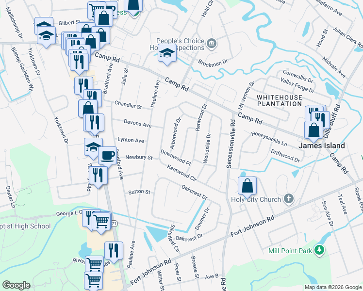 map of restaurants, bars, coffee shops, grocery stores, and more near 1086 Kingswood Drive in Charleston