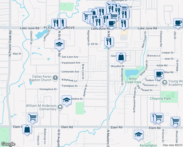 map of restaurants, bars, coffee shops, grocery stores, and more near 904 Spiceberry Court in Dallas