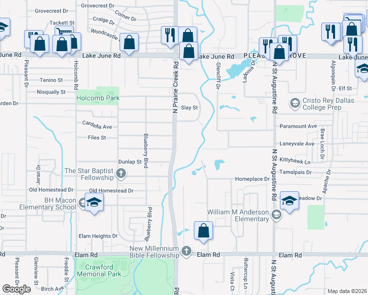 map of restaurants, bars, coffee shops, grocery stores, and more near 800 North Prairie Creek Road in Dallas