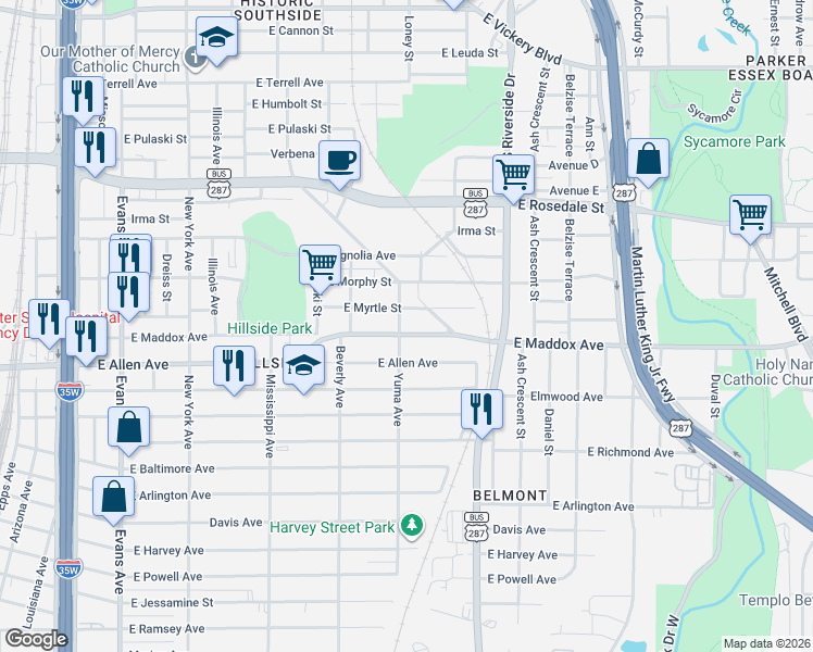 map of restaurants, bars, coffee shops, grocery stores, and more near 1420 East Maddox Avenue in Fort Worth