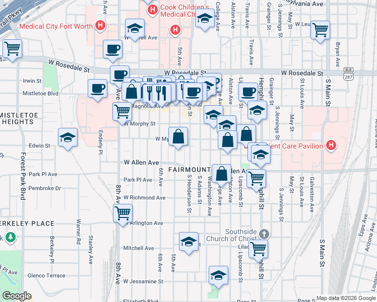 map of restaurants, bars, coffee shops, grocery stores, and more near 1620 South Henderson Street in Fort Worth