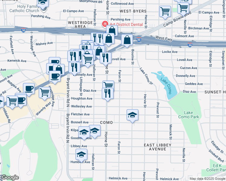 map of restaurants, bars, coffee shops, grocery stores, and more near 5617 Diaz Avenue in Fort Worth