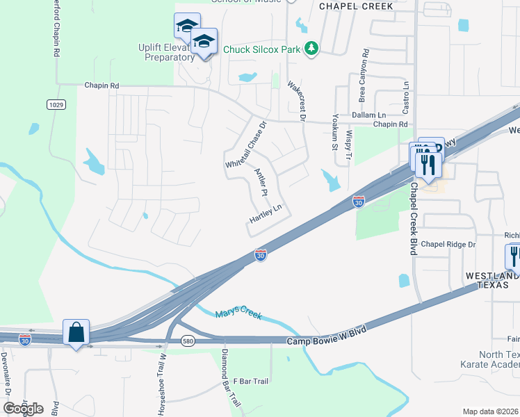map of restaurants, bars, coffee shops, grocery stores, and more near 10600 Hartley Lane in Fort Worth