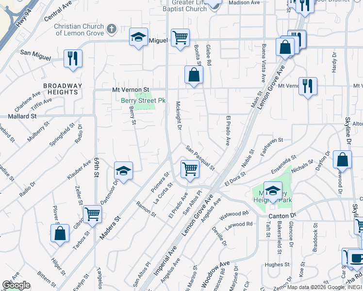 map of restaurants, bars, coffee shops, grocery stores, and more near 2049 Madera Street in Lemon Grove