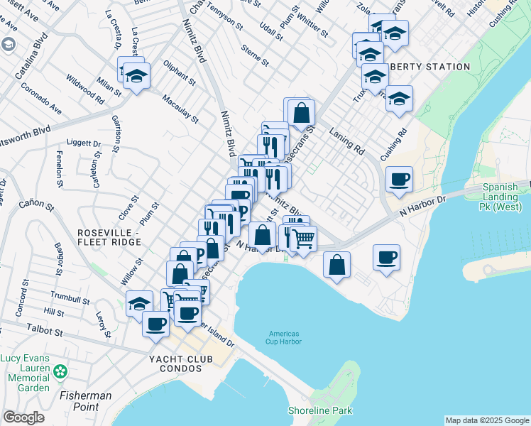 map of restaurants, bars, coffee shops, grocery stores, and more near in San Diego