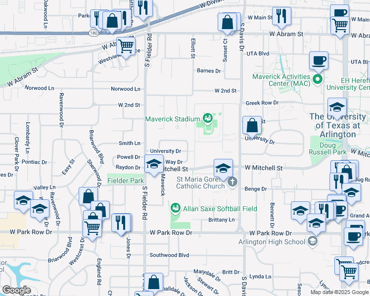 map of restaurants, bars, coffee shops, grocery stores, and more near 1509 University Drive in Arlington
