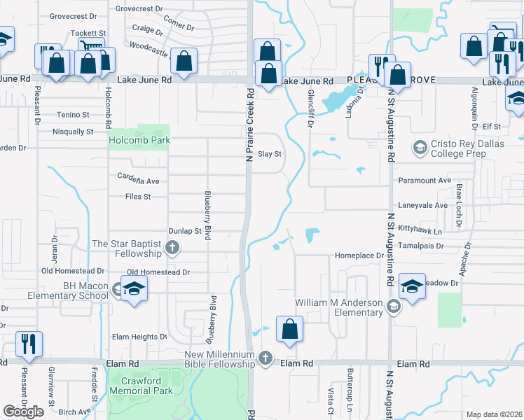 map of restaurants, bars, coffee shops, grocery stores, and more near 800 North Prairie Creek Road in Dallas