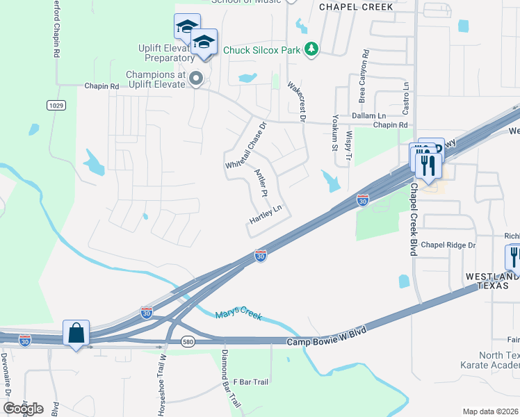 map of restaurants, bars, coffee shops, grocery stores, and more near 10600 Hartley Lane in Fort Worth