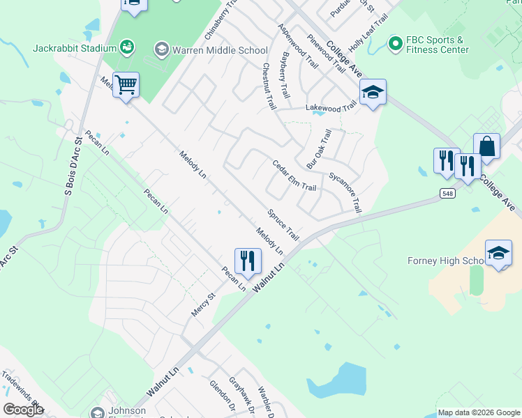 map of restaurants, bars, coffee shops, grocery stores, and more near 14787 Melody Lane in Forney