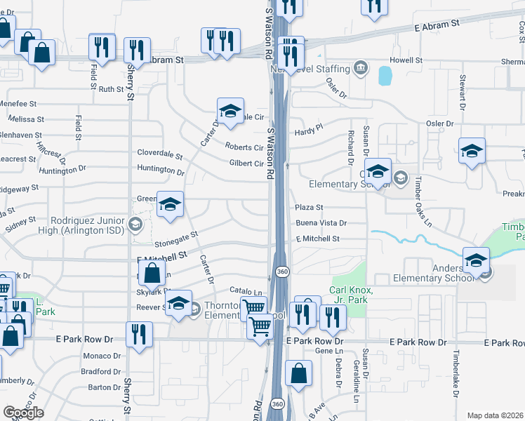 map of restaurants, bars, coffee shops, grocery stores, and more near 2518 Plaza Street in Arlington