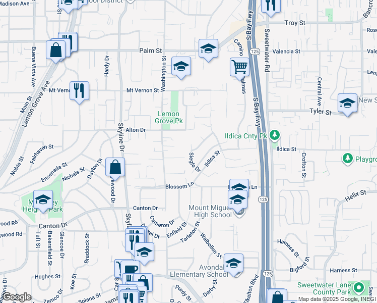map of restaurants, bars, coffee shops, grocery stores, and more near 2050 Siegle Drive in Lemon Grove
