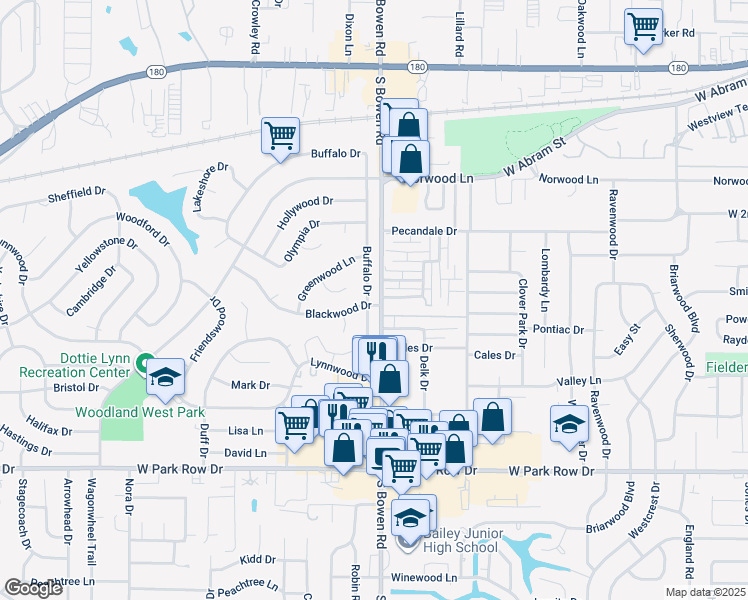 map of restaurants, bars, coffee shops, grocery stores, and more near 2400 Strait Lane in Arlington