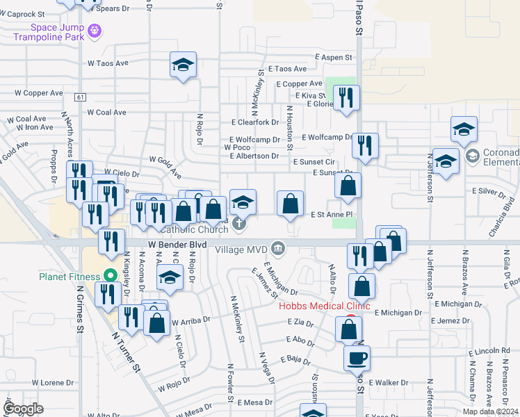 map of restaurants, bars, coffee shops, grocery stores, and more near 304 East Street Anne Place in Hobbs