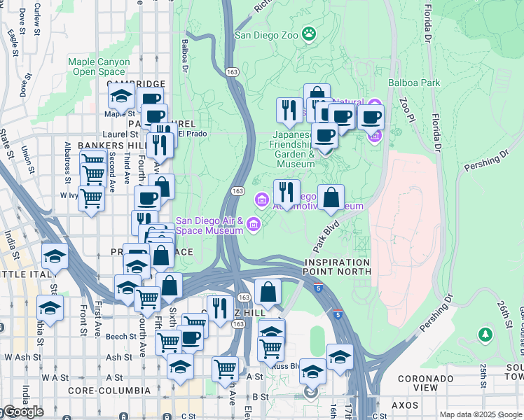map of restaurants, bars, coffee shops, grocery stores, and more near 2080 Pan American Plaza in San Diego