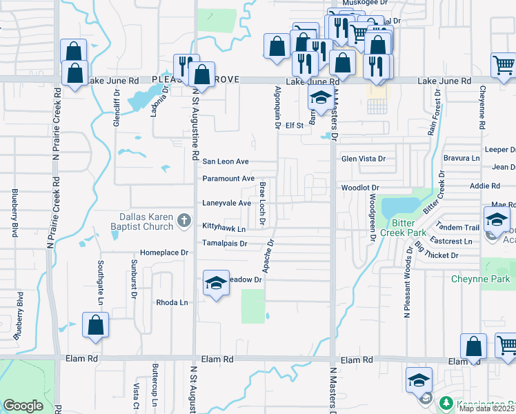 map of restaurants, bars, coffee shops, grocery stores, and more near 931 Brae Loch Drive in Dallas