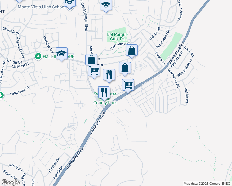 map of restaurants, bars, coffee shops, grocery stores, and more near 10660 Busch Street in Spring Valley