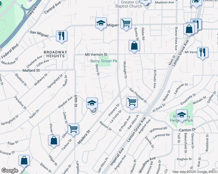 map of restaurants, bars, coffee shops, grocery stores, and more near 7080 Ajohn Place in Lemon Grove