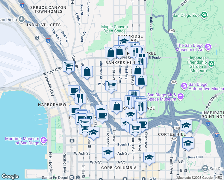 map of restaurants, bars, coffee shops, grocery stores, and more near in San Diego