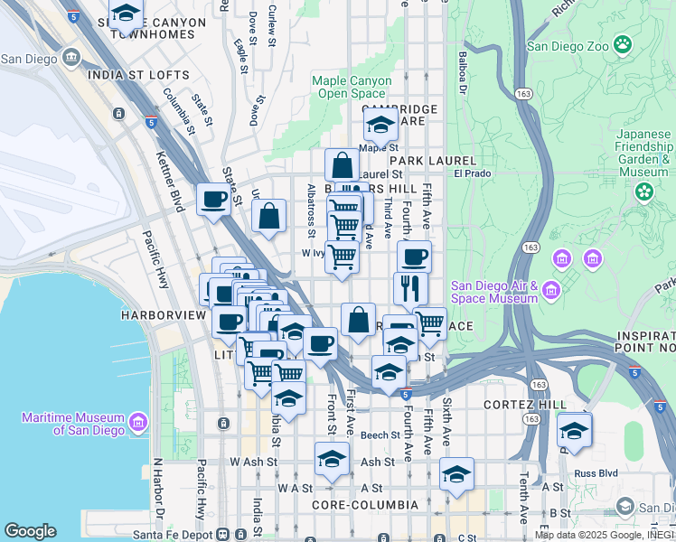 map of restaurants, bars, coffee shops, grocery stores, and more near in San Diego