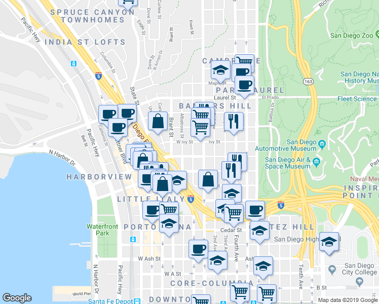 map of restaurants, bars, coffee shops, grocery stores, and more near in San Diego