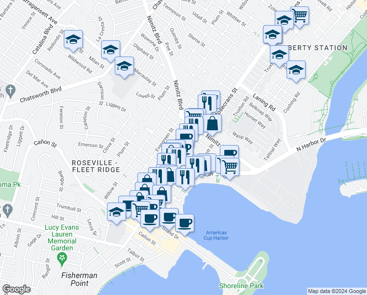 map of restaurants, bars, coffee shops, grocery stores, and more near 3015 Ingelow Street in San Diego
