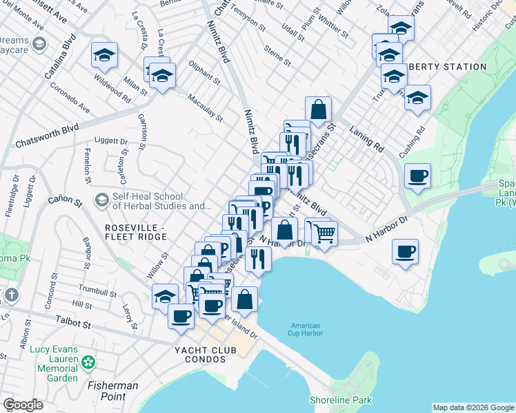 map of restaurants, bars, coffee shops, grocery stores, and more near 3015 Ingelow Street in San Diego