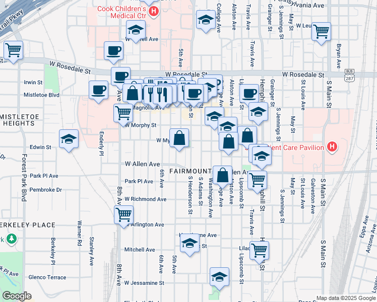 map of restaurants, bars, coffee shops, grocery stores, and more near 1620 South Henderson Street in Fort Worth