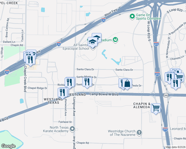 map of restaurants, bars, coffee shops, grocery stores, and more near 9709 Santa Monica Drive in Fort Worth