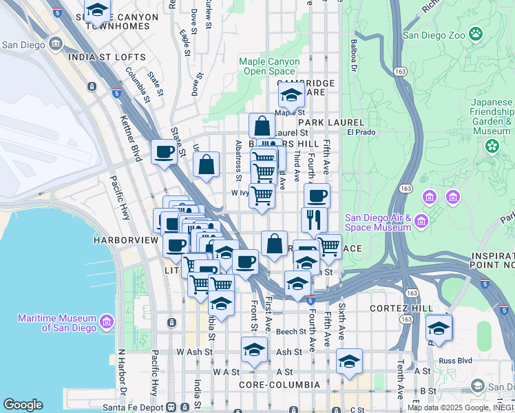 map of restaurants, bars, coffee shops, grocery stores, and more near 2117 Front Street in San Diego